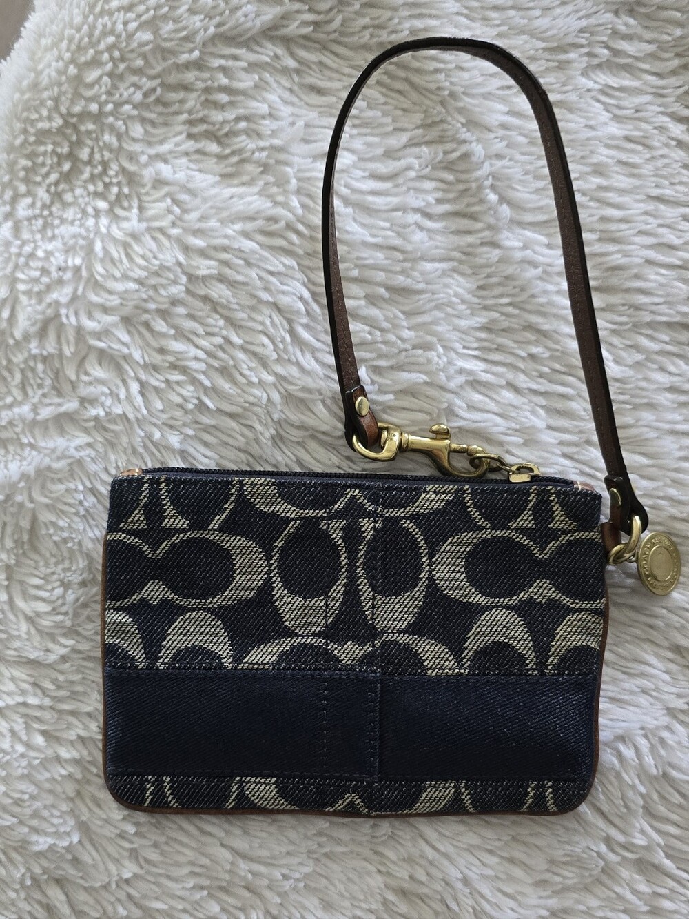 Coach Navy and White Signature Canvas Wristlet